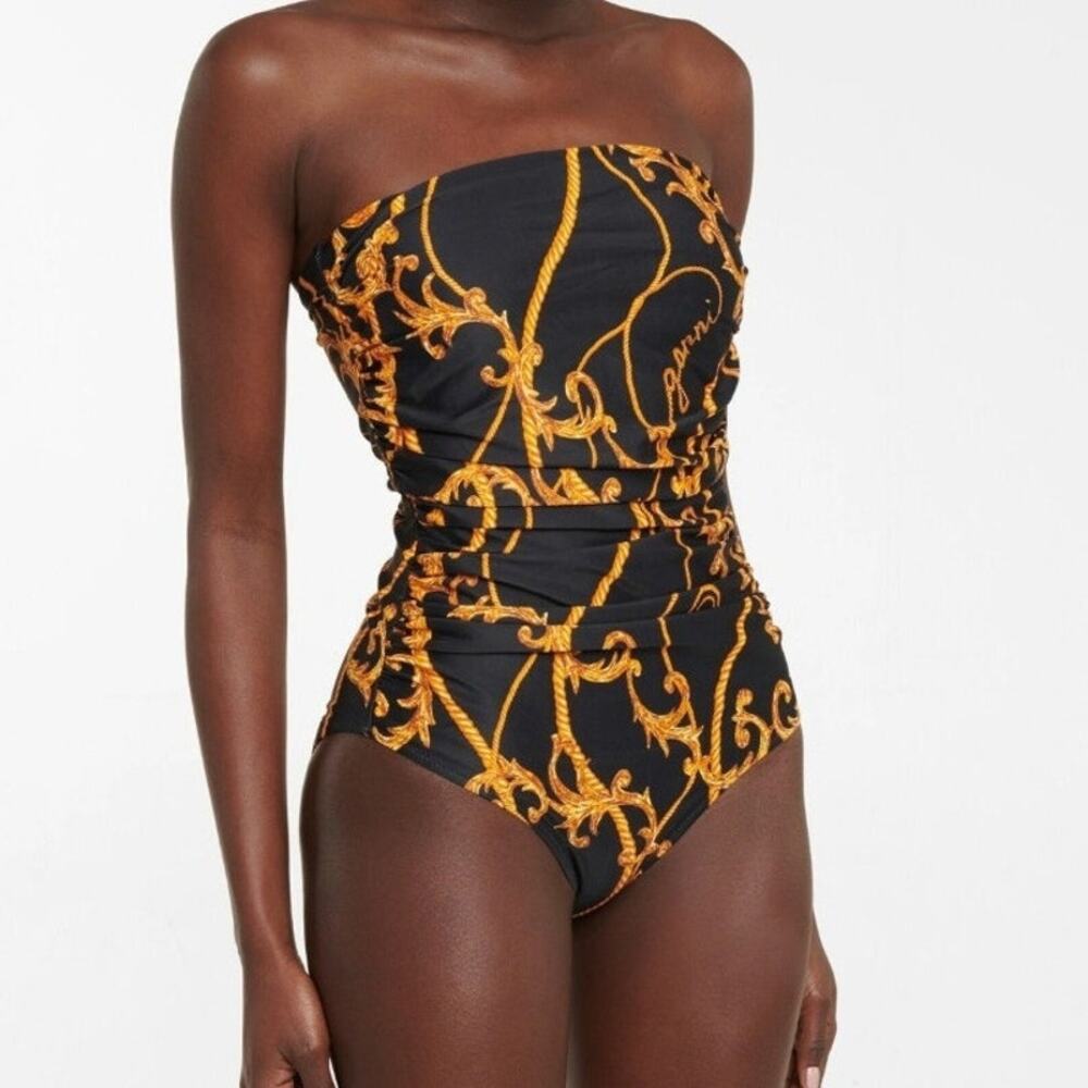 EUC GANNI Women's Black/Gold Printed Ruched Strapless One-Piece Swimsuit  S